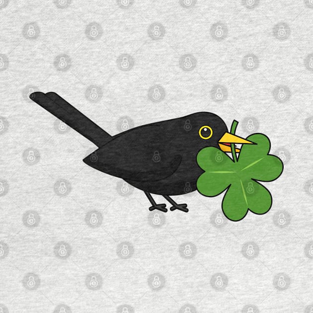 Cute Blackbird with Shamrock Clover Cartoon by BirdAtWork